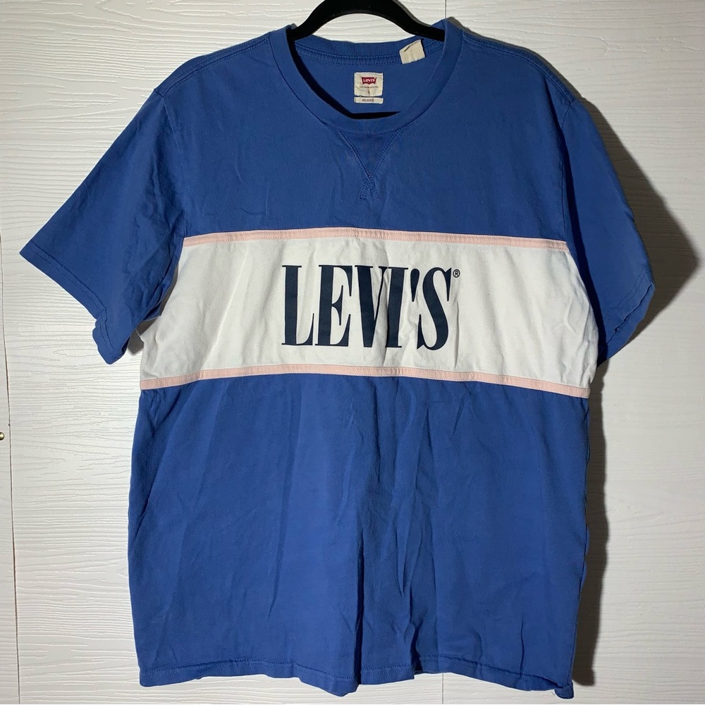 Levi’s Colorblock Logo Tee Blue White Pink Stripe Relaxed L
